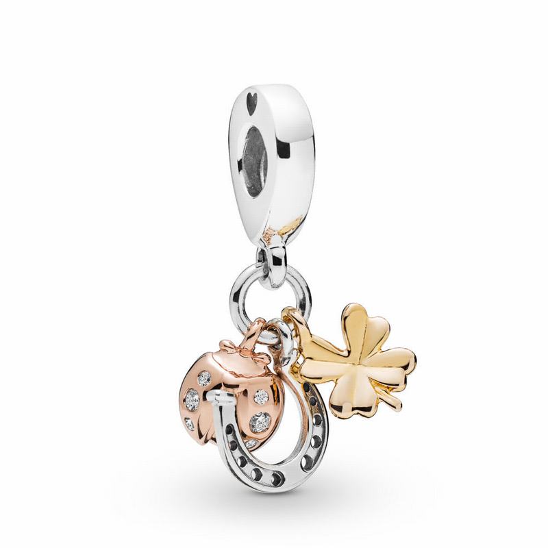 Pandora Horseshoe, Clover & Ladybird Dangle Charm - Sterling Silver/Pandora Rose And Pandora Shine/C